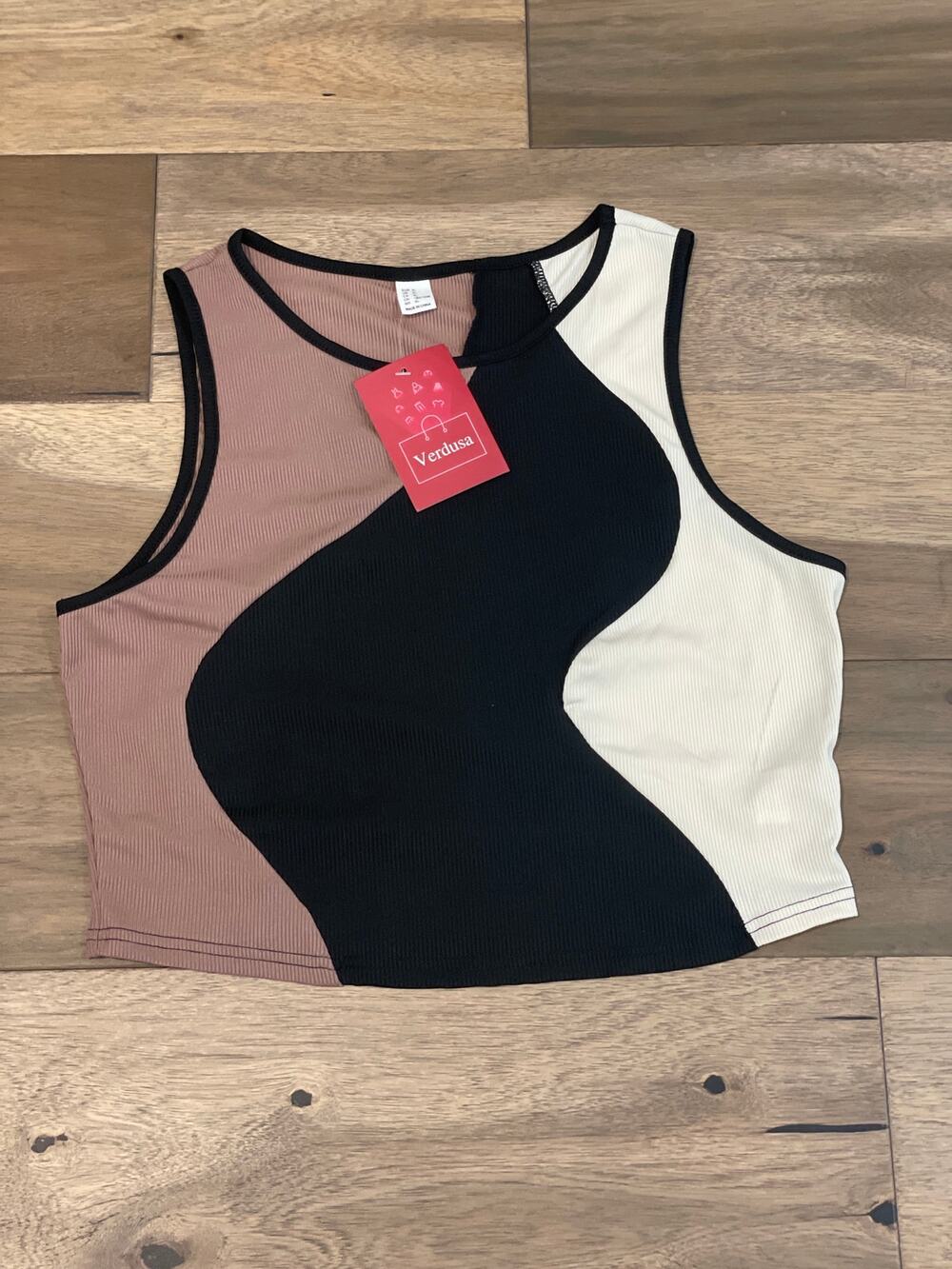 Verdusa Crop Tank Top Size XL Tan Black White Slim Fitted Y2K Streetwear NWT